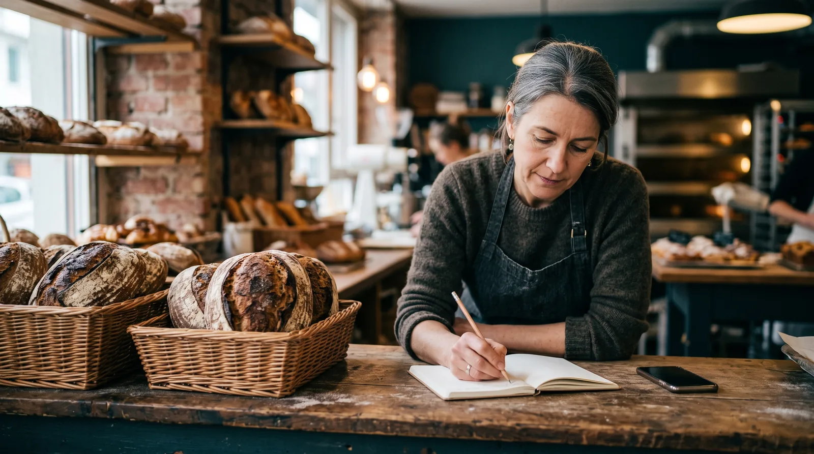 A bakery owner in a small shop, leaning on the counter beside bread baskets and writing notes by hand in a paper notebook to track which businesses AI assistants name.