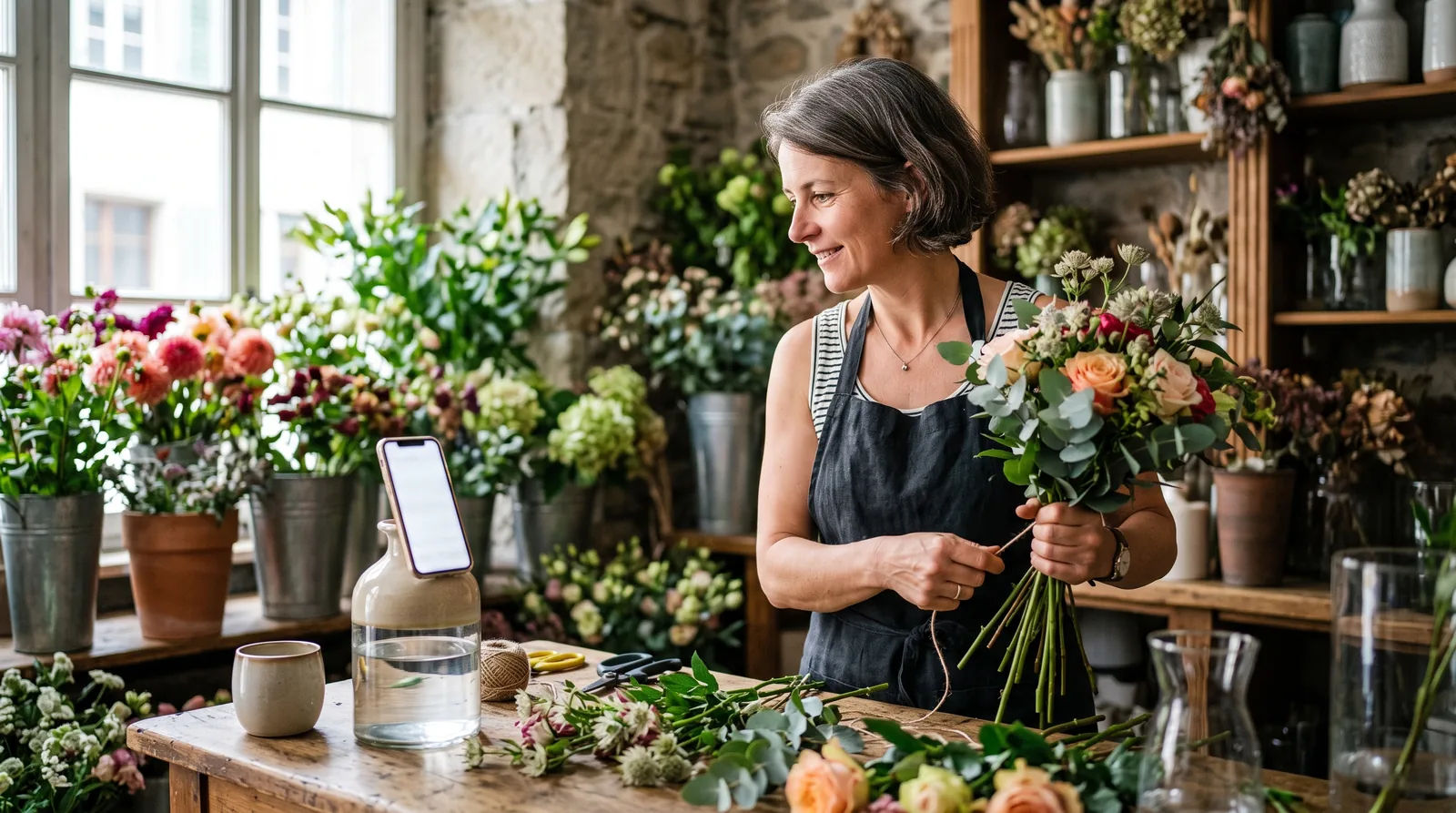 A florist arranging a bouquet on a wooden workbench in a small flower shop, with a phone propped against a vase, comparing what different AI assistants say about local businesses.