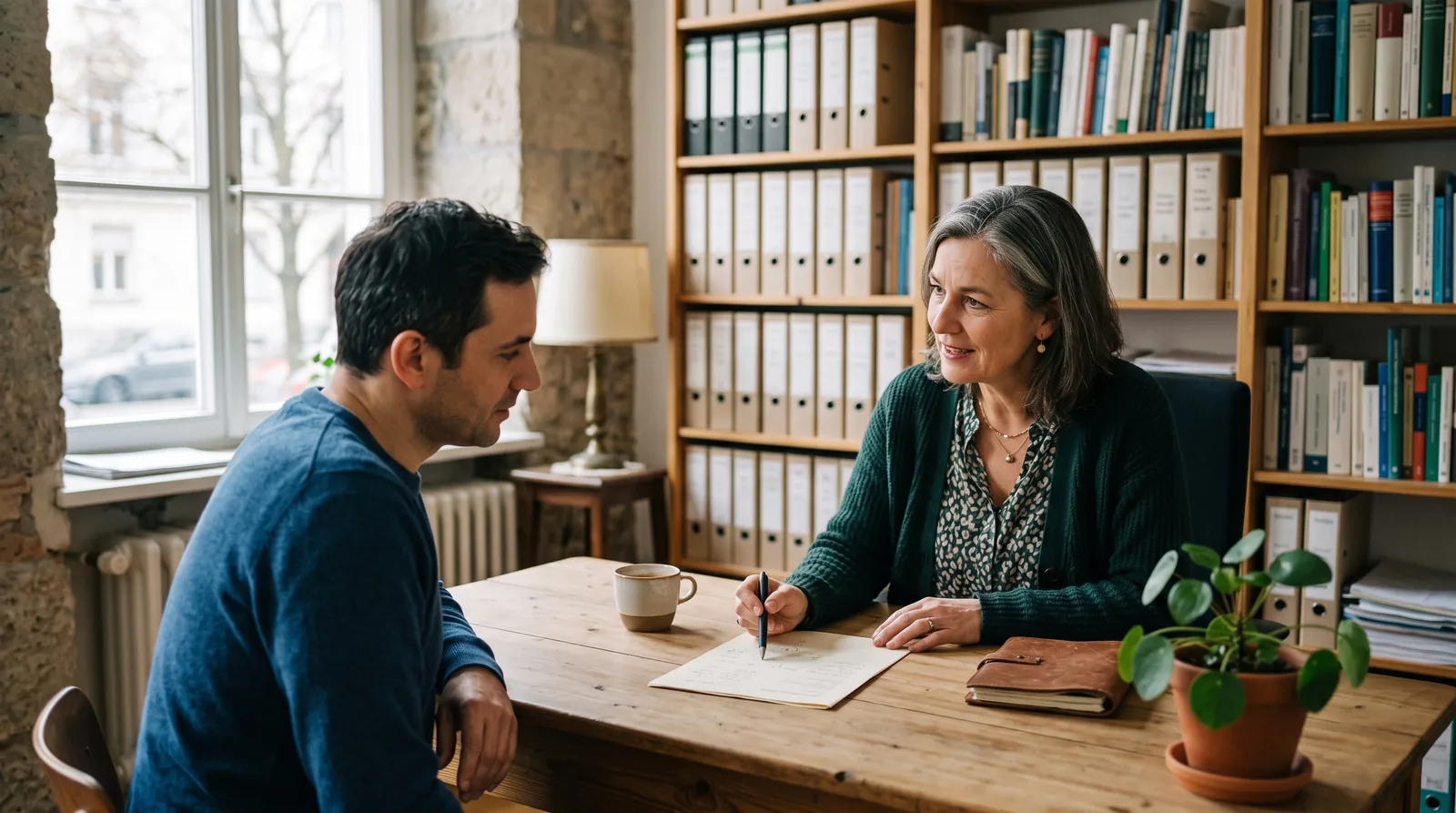 A tax adviser and a client sitting at a desk in a small office, the adviser pointing at handwritten notes on a printed sheet while explaining them, as a picture of explaining AI visibility terms in plain words.