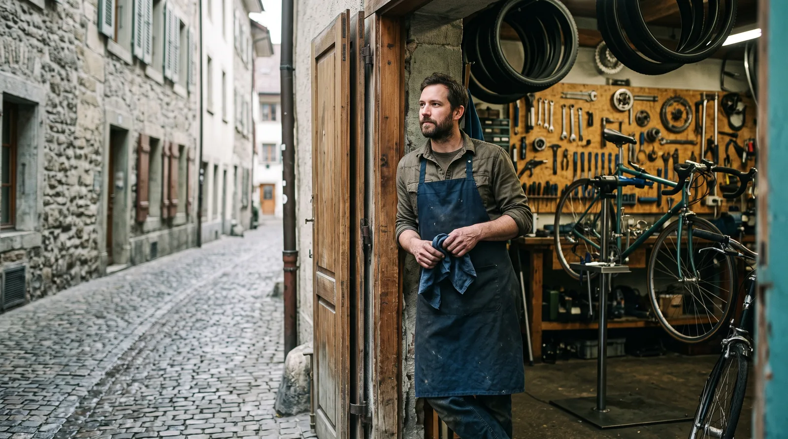 A bike mechanic in a small workshop, standing by the open door and looking out onto a quiet street, with bicycles on stands behind him, as a picture of a local business that AI assistants do not mention.