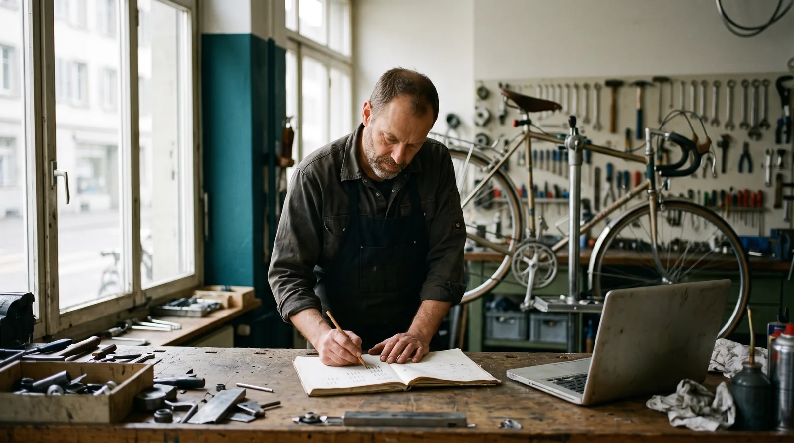 The owner of a small bike repair shop at a workbench, writing tally marks in a paper notebook next to a bicycle on a repair stand, as a picture of counting which businesses AI assistants name.