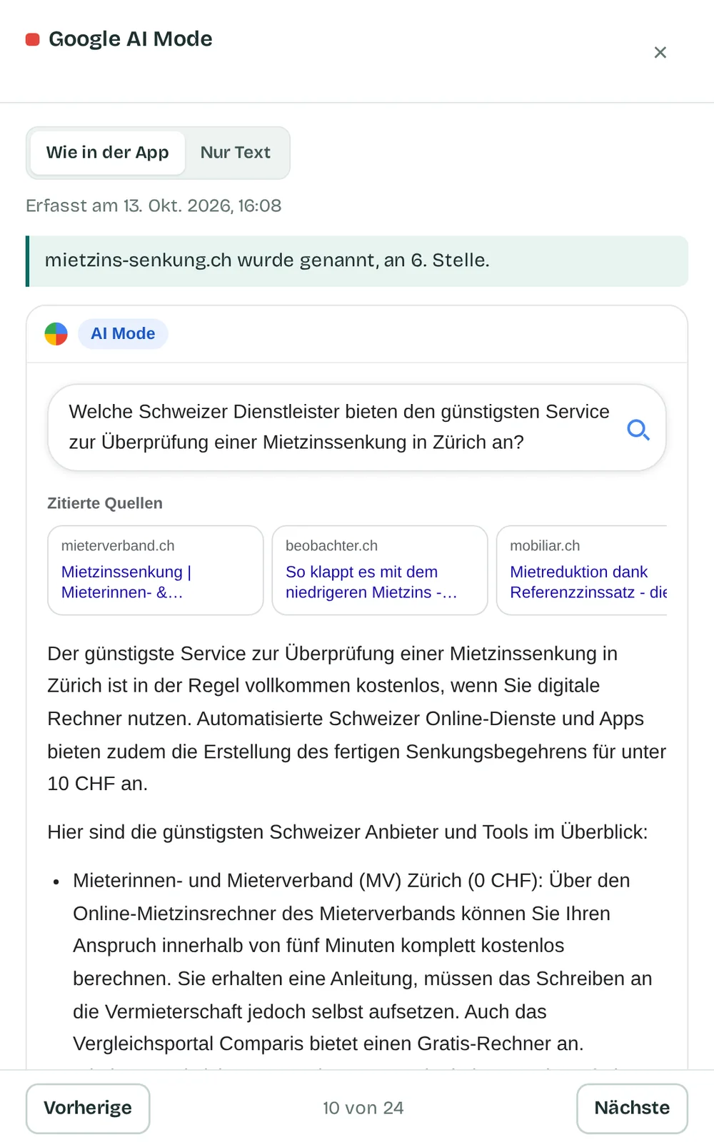 Eine Antwort von Google AI Mode auf die Frage, welche Schweizer Dienstleister den günstigsten Service zur Überprüfung einer Mietzinssenkung in Zürich anbieten, so dargestellt wie in der App: oben der Hinweis, dass mietzins-senkung.ch an 6. Stelle genannt wurde, darunter die zitierten Quellen mieterverband.ch, beobachter.ch und mobiliar.ch und der Anfang der Antwort mit dem Mieterinnen- und Mieterverband Zürich als erstem Eintrag