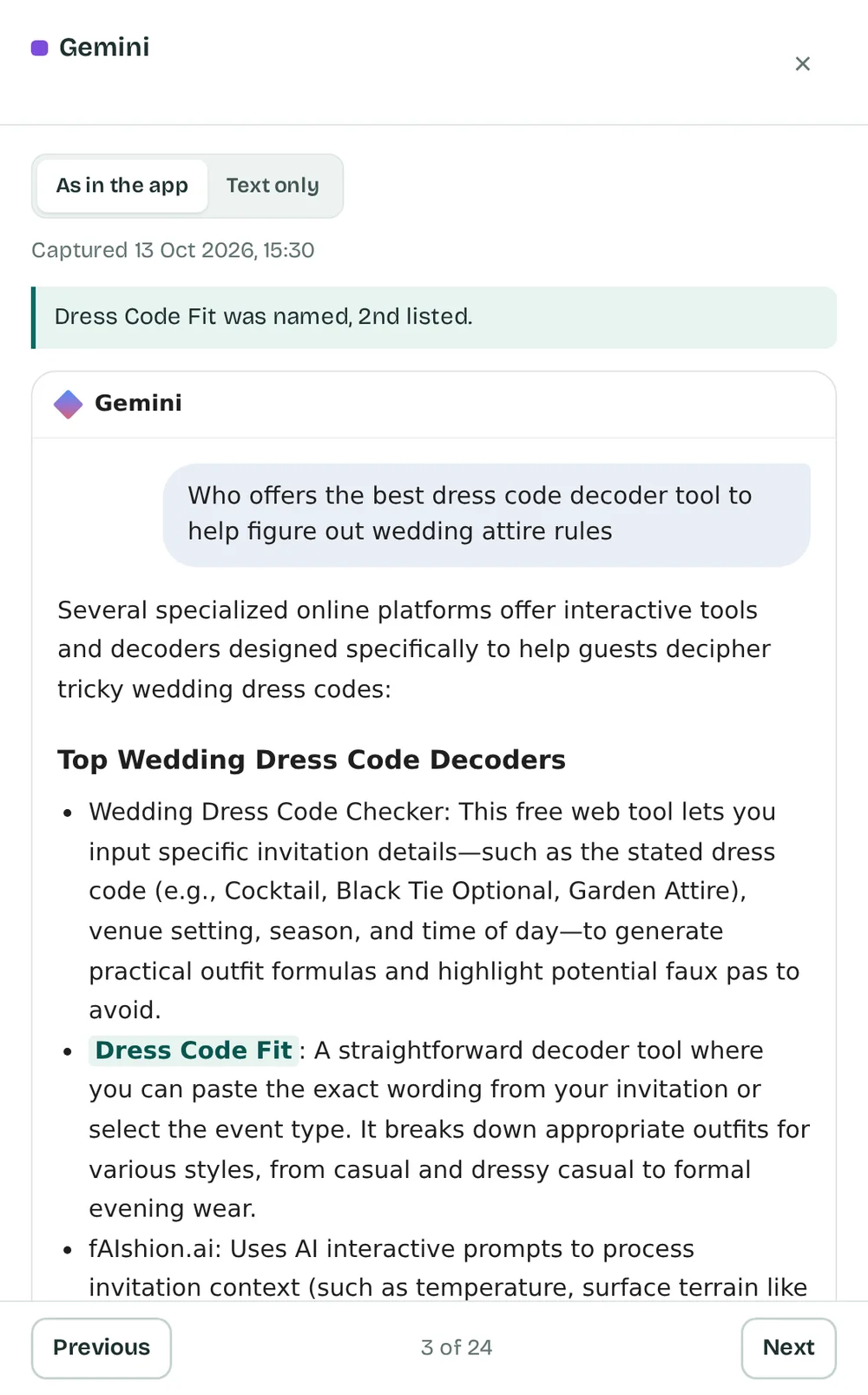 A Gemini answer to a question about dress code decoder tools for wedding attire, shown as in the app, with the business Dress Code Fit highlighted as the second tool in a bulleted list