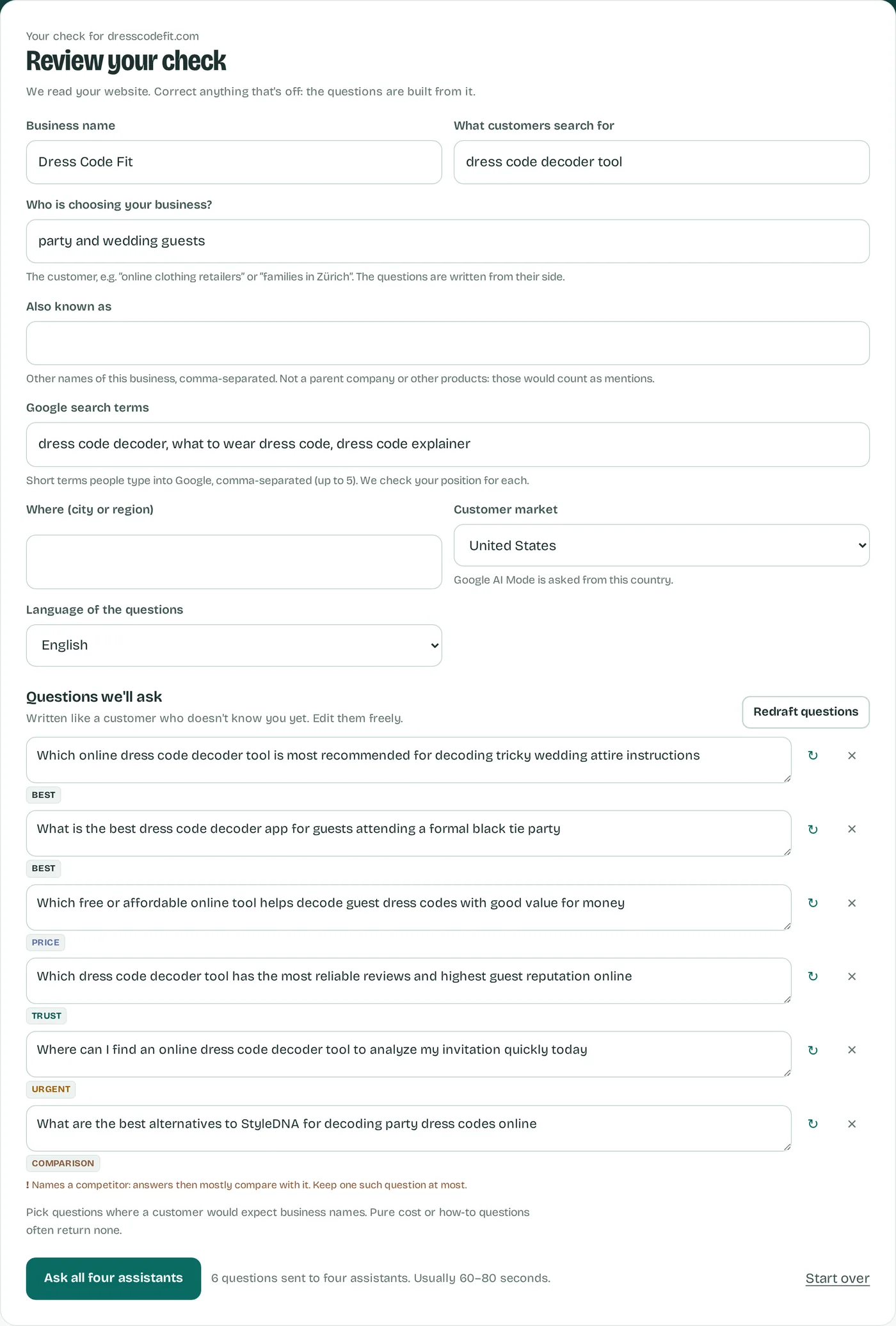 The setup step of a check for a dress code decoder tool: business name, what customers search for, who the customers are, Google search terms, customer market set to United States, and six editable customer questions, each tagged with a type such as Best, Price, Trust, Urgent or Comparison.