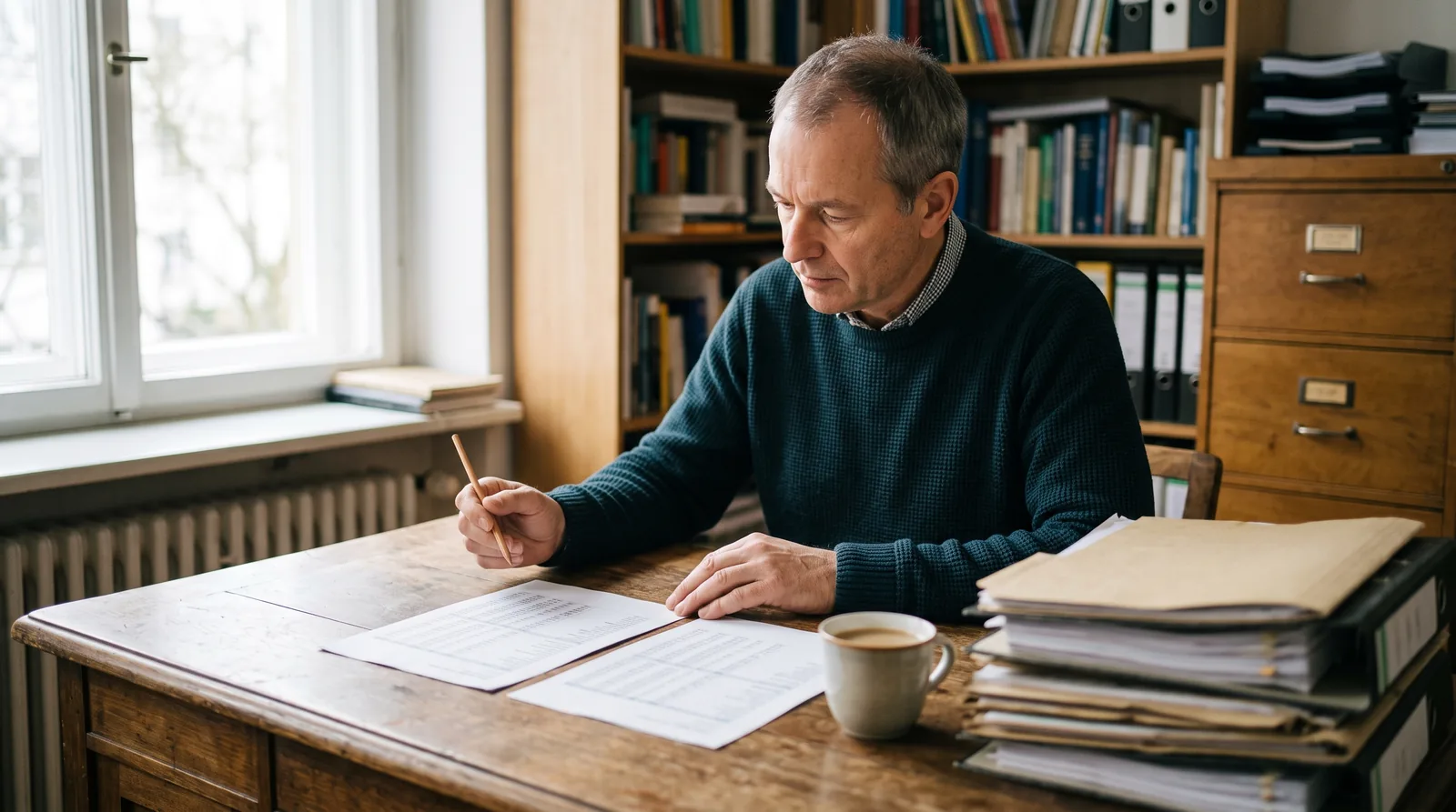 A tax adviser at a desk in a small office, comparing two sheets of paper side by side with a pencil in hand, as a picture of comparing two ChatGPT answers to the same question.