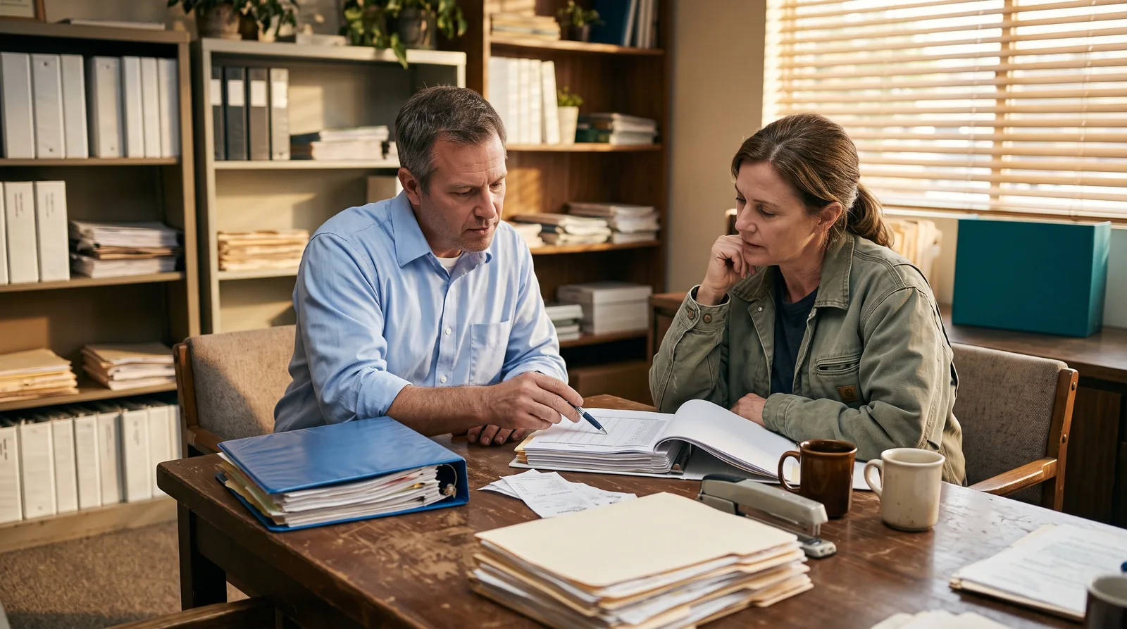 Wide view of a small accounting office in warm afternoon light: an accountant and a client sit across a wooden table covered with paper folders, a binder of receipts and two coffee mugs.