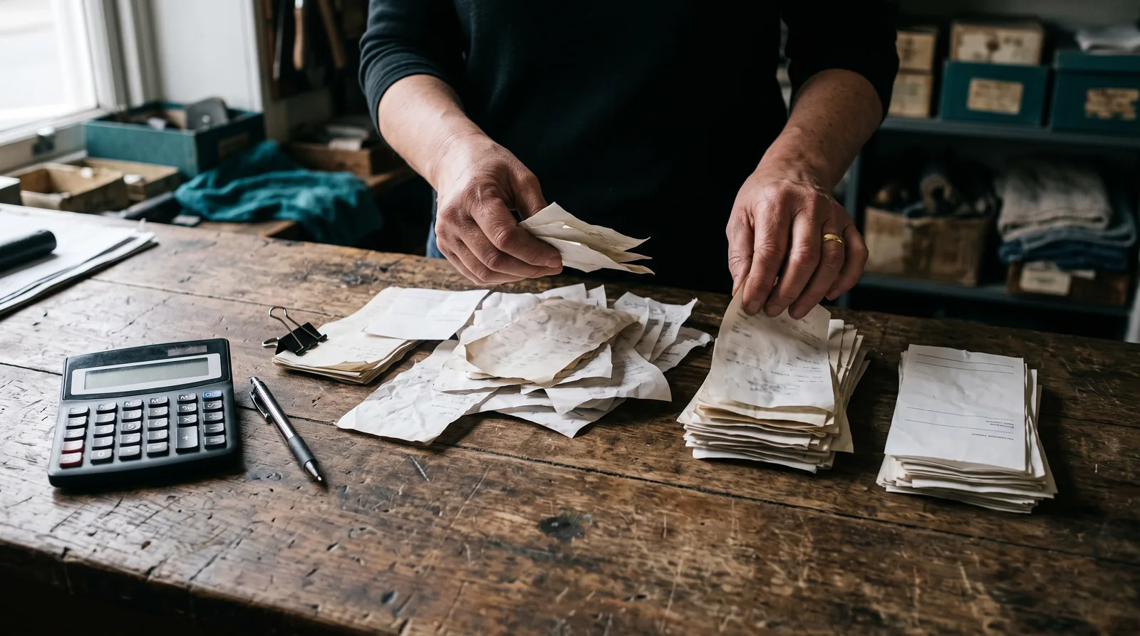 Nahaufnahme einer Buchhaltung von Hand: Die Hände einer Geschäftsinhaberin sortieren Quittungen und Rechnungen auf einer Holzwerkbank zu Stapeln, daneben ein Taschenrechner und ein Stift.