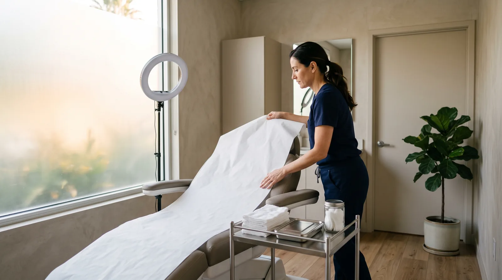 Wide view of a calm, bright treatment room in a small aesthetic clinic, a practitioner in navy scrubs smoothing a fresh paper sheet over the treatment chair, a small trolley with folded towels beside it.