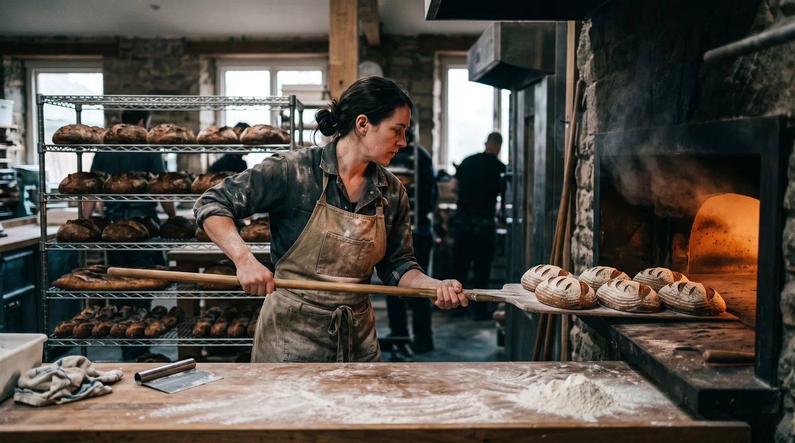 Bäckerei vor Tagesanbruch: Ein Bäcker in mehlbestäubter Schürze schiebt vor Tagesanbruch mit einem langen Holzschieber aufgegangene Brote in einen Etagenofen, dahinter Gestelle mit auskühlendem Brot.