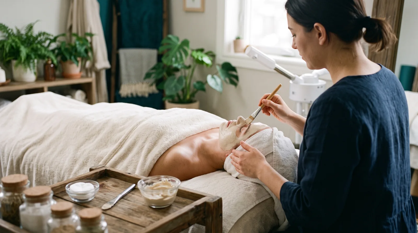 Over-the-shoulder view of an esthetician brushing a clay mask onto a client's face in a beauty salon as she lies on a treatment bed, with folded towels, small glass bowls and a steamer beside them.