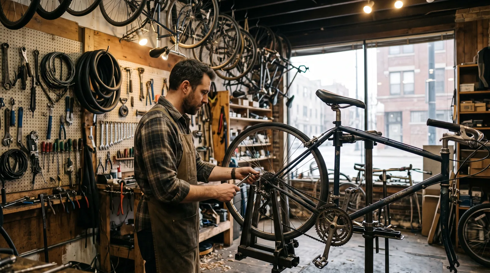 A bike mechanic in a small, busy repair shop trues a wheel on a bike held in a work stand, with tools on a pegboard and bicycles hanging from ceiling hooks behind.
