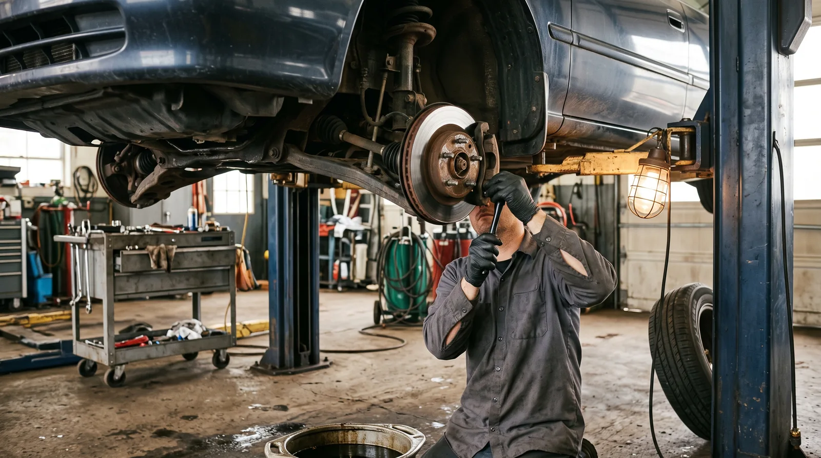 Autowerkstatt von unten gesehen, ein Auto auf der Hebebühne: Ein Mechaniker mit Handschuhen baut im Licht einer Handlampe einen Bremssattel ab.