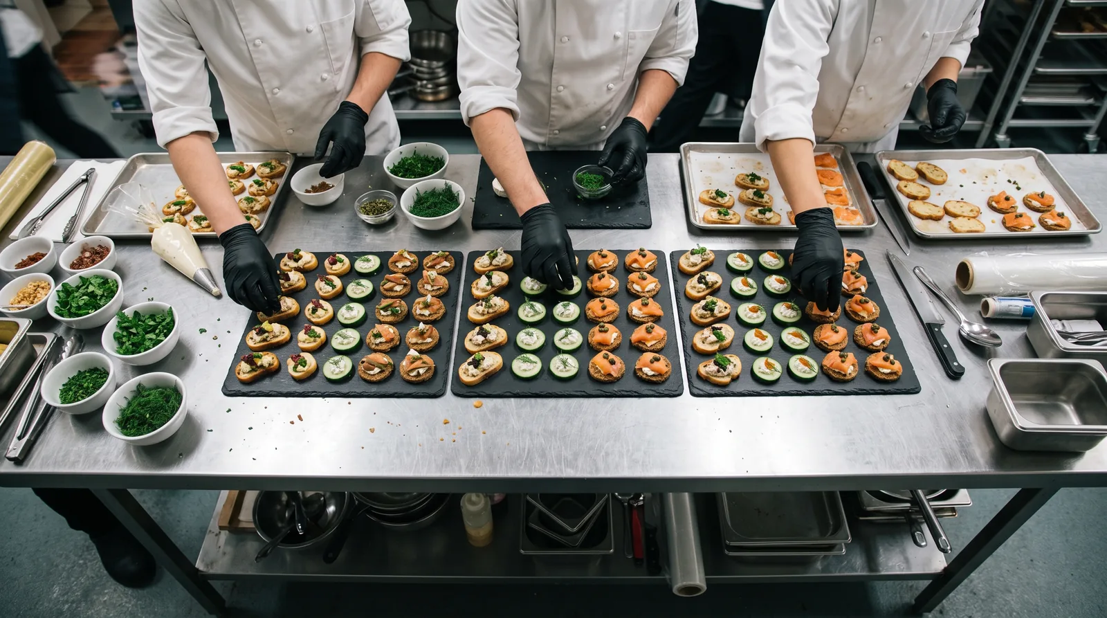 Catering-Vorbereitung: Blick von oben auf einen Chromstahltisch in einer Cateringküche: Mehrere Hände in schwarzen Handschuhen legen Häppchen in Reihen auf dunkle Servierplatten, daneben Kräuter, ein Spritzbeutel und Backbleche.