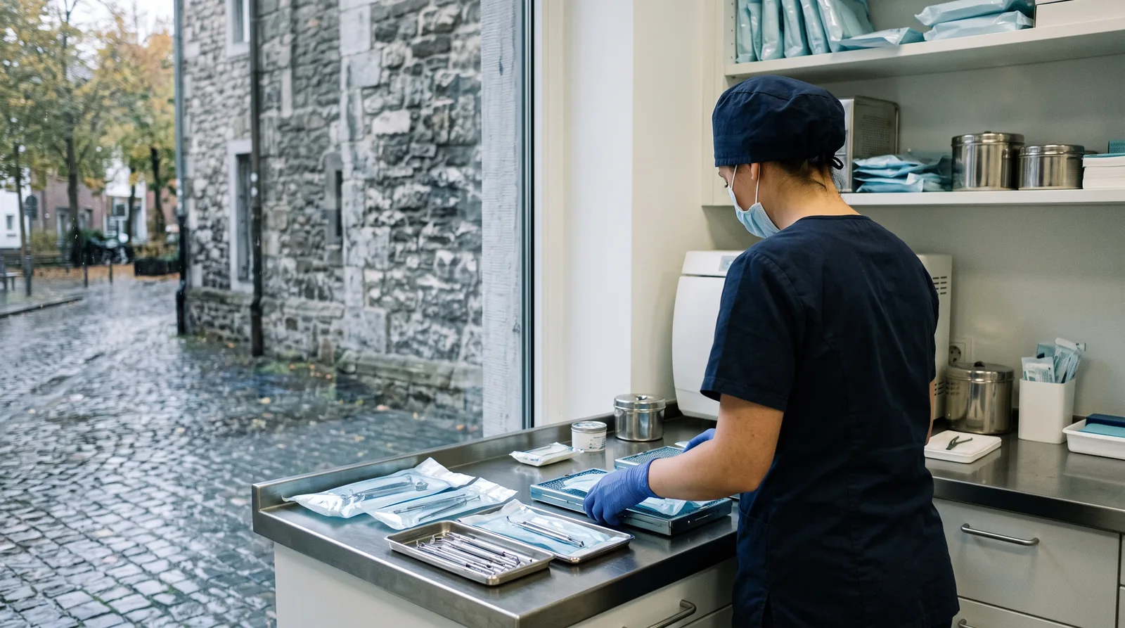 Zahnarztpraxis in Aachen: Eine Dentalassistentin richtet in einem Sterilisationsraum Instrumente auf Tabletts, durch das Fenster ein regennasses Kopfsteinpflaster und ein Haus aus grauem Naturstein.