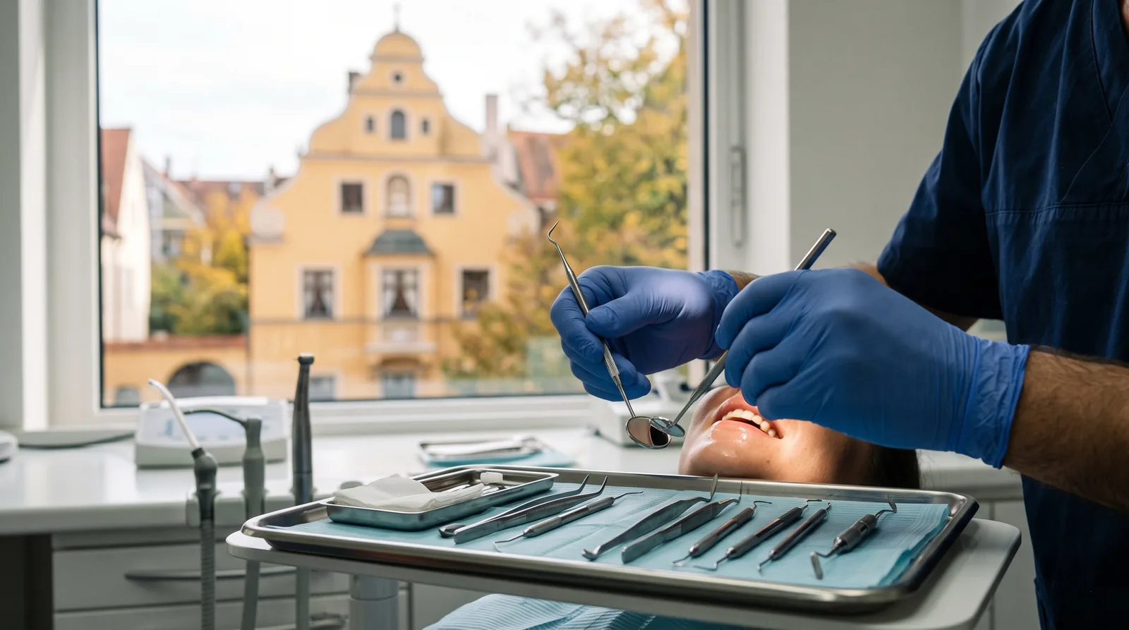 Zahnarztpraxis in Augsburg: Nahaufnahme von Händen in Handschuhen mit Spiegel und Sonde über einem Behandlungstablett, im unscharfen Hintergrund ein Fenster mit einer ockergelben Hausfassade mit Treppengiebel.