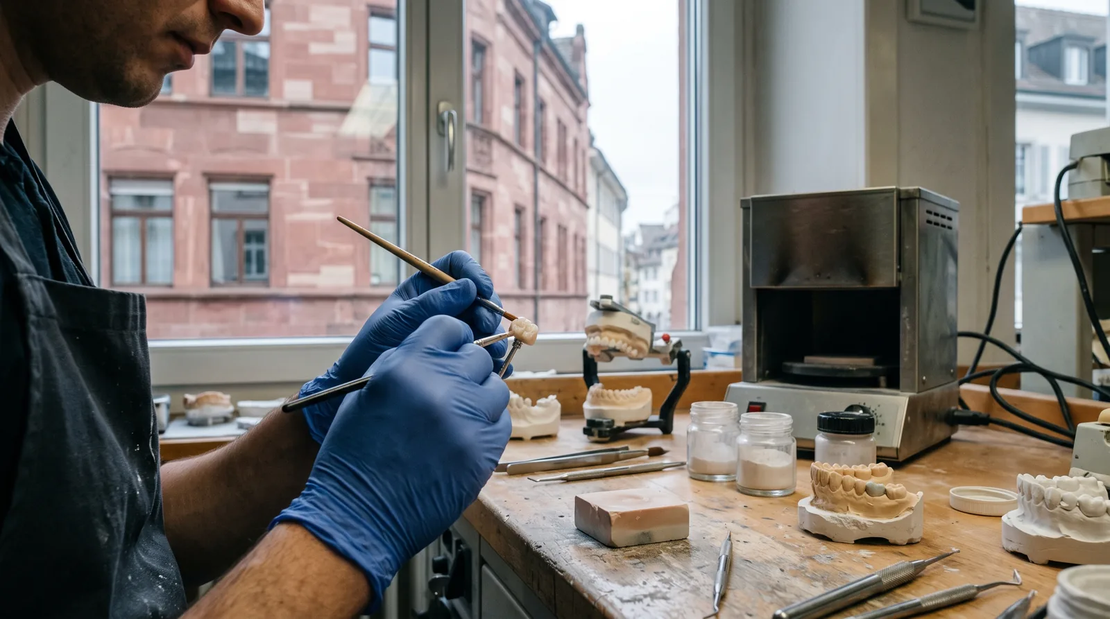 Zahnarzt-Dentallabor in Basel: Die Hände einer Zahntechnikerin formen eine Keramikkrone, im Fenster dahinter sind rote Sandsteinfassaden eines Basler Stadthauses zu sehen.
