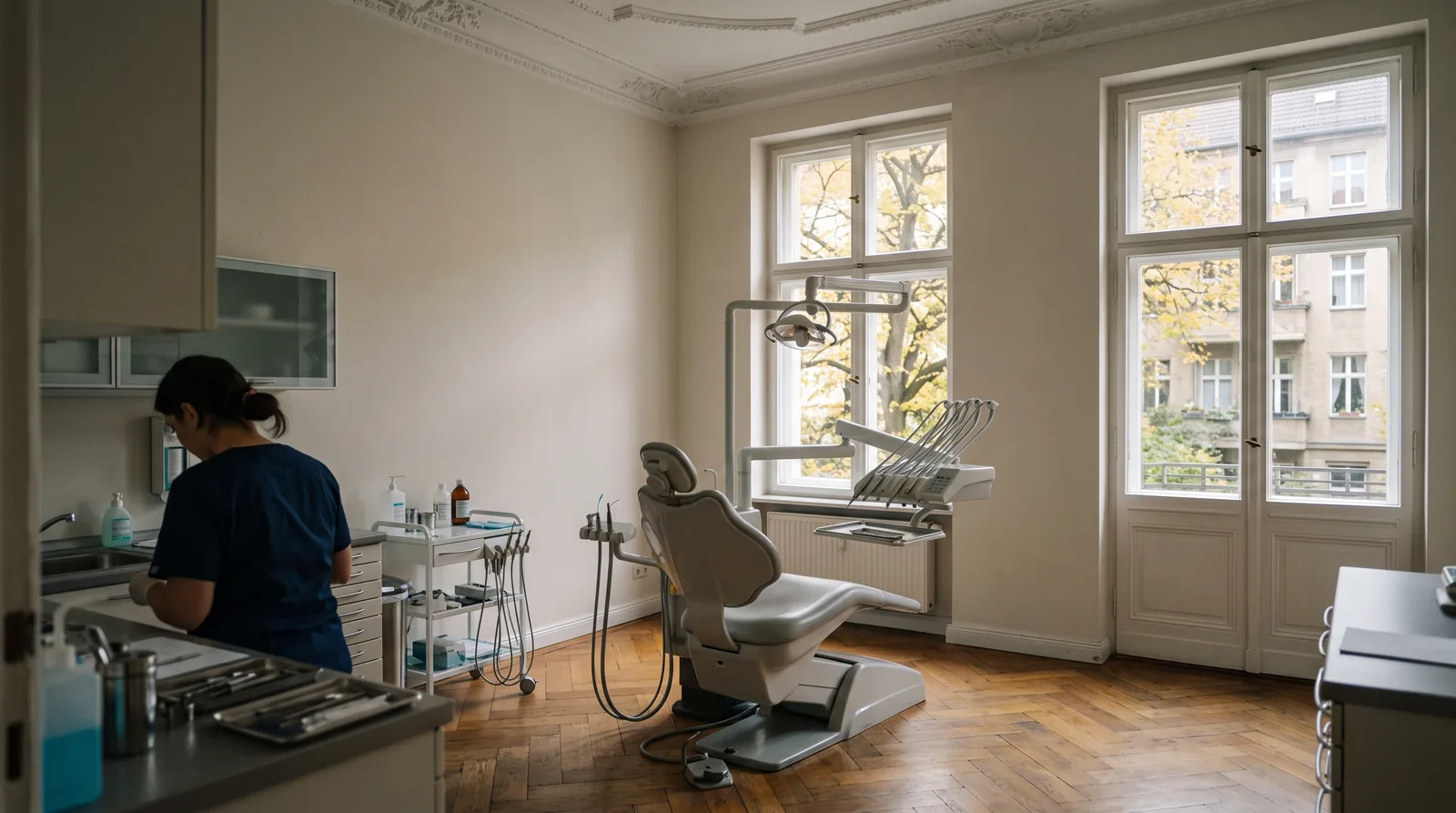 Zahnarztpraxis in Berlin: Behandlungszimmer in einem Altbau mit hoher Stuckdecke, Parkettboden, einem hohen Fenster mit Blick in einen herbstlichen Hinterhof und dem Behandlungsstuhl im Vordergrund.