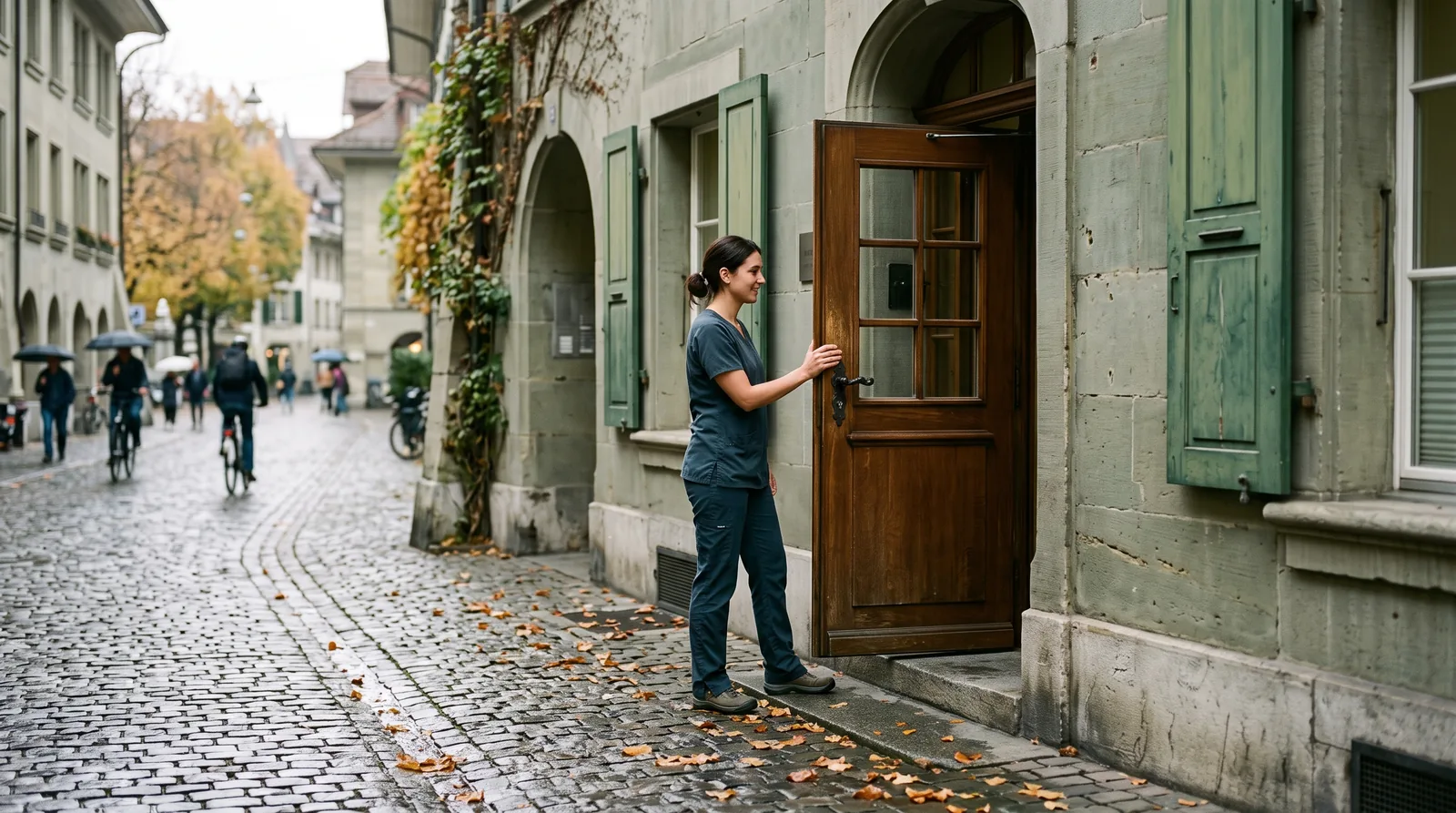 Zahnarztpraxis in Bern: Eingang in einem Berner Sandsteinhaus mit grünen Fensterläden, eine Dentalassistentin in Praxiskleidung hält die Tür offen, nasses Pflaster im Herbstlicht.