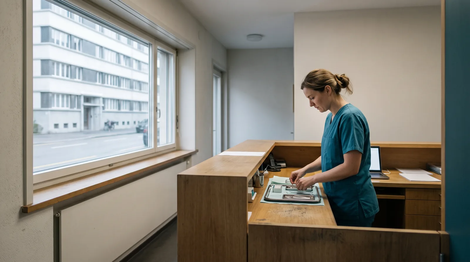 Zahnarztpraxis in Biel/Bienne: Eingang in einem Wohnhaus aus den 1930er-Jahren im Stil des Neuen Bauens mit heller Fassade und Fensterband, eine Dentalassistentin bereitet am Empfang ein Tablett vor.