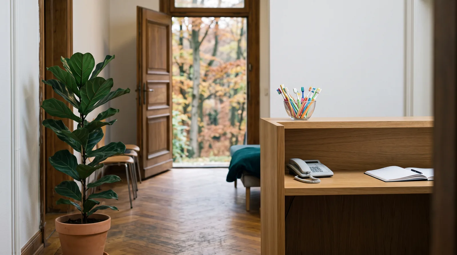 Zahnarztpraxis in Bielefeld: Empfang in einer Villa am Teutoburger Wald, Blick durch die Tür auf einen Flur mit Parkett und eine grosse Zimmerpflanze, draussen herbstlich gefärbte Buchen.