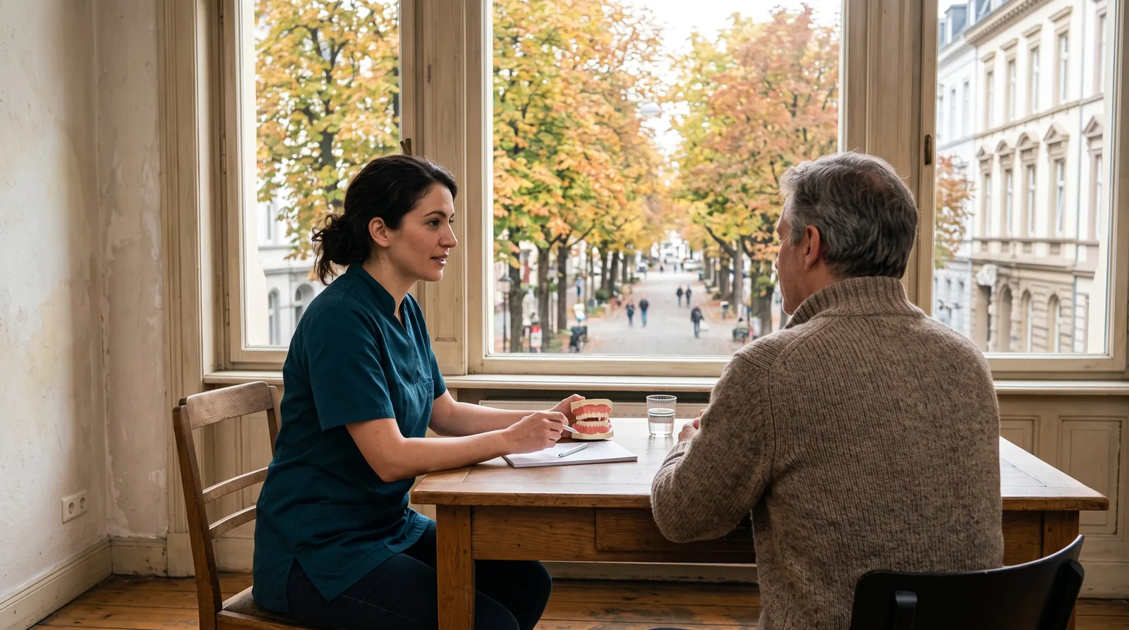 Zahnarztpraxis in Bonn: Eine Zahnärztin im Gespräch mit einer Patientin im Sprechzimmer, durch das Fenster eine Allee mit Kastanien und Gründerzeitfassaden in Herbstfarben.