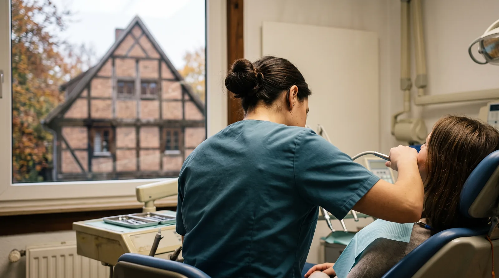 Zahnarztpraxis in Braunschweig: Blick über die Schulter einer Zahnärztin auf eine Patientin im Behandlungsstuhl, durch das Fenster ein Fachwerkgiebel im Herbstlicht.