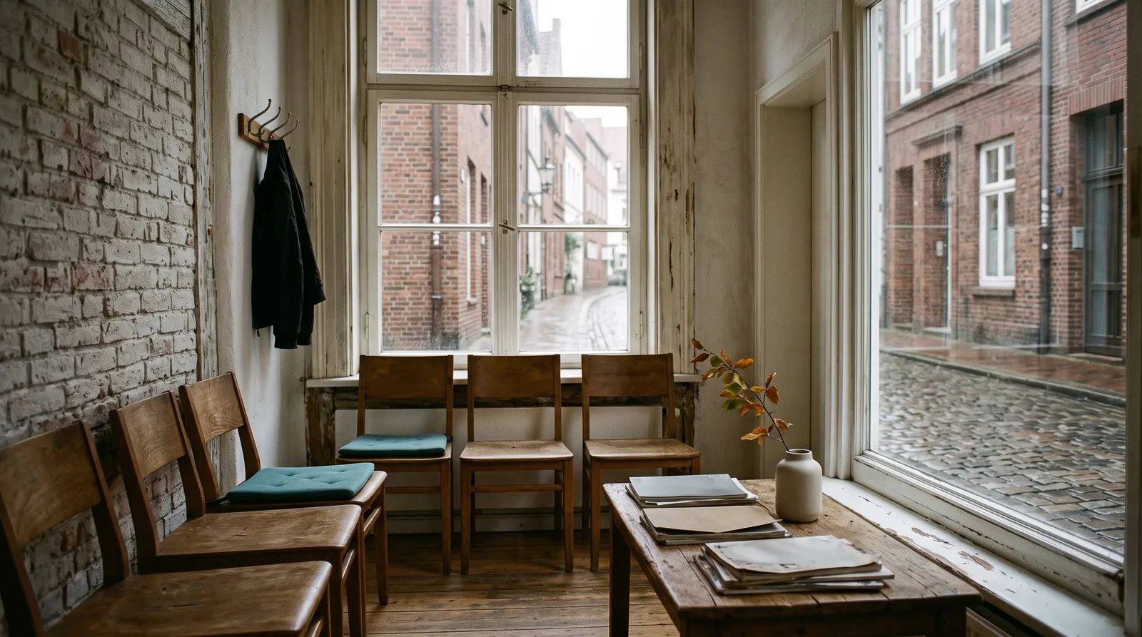 Zahnarztpraxis in Bremen: Wartezimmer in einem Backsteinhaus mit Holzstühlen und niedrigem Tisch, durch das Fenster eine Gasse mit Klinkerfassaden und Kopfsteinpflaster im Herbst.