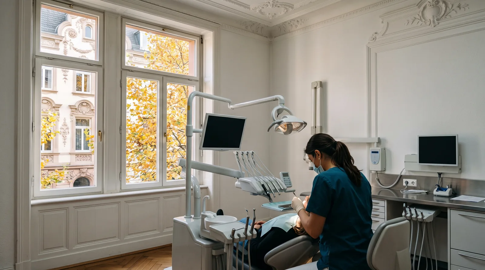 Zahnarztpraxis in Darmstadt: Behandlungsraum in einem Altbau, durch das hohe Fenster sieht man eine Jugendstilfassade mit Stuckverzierungen im Oktoberlicht.