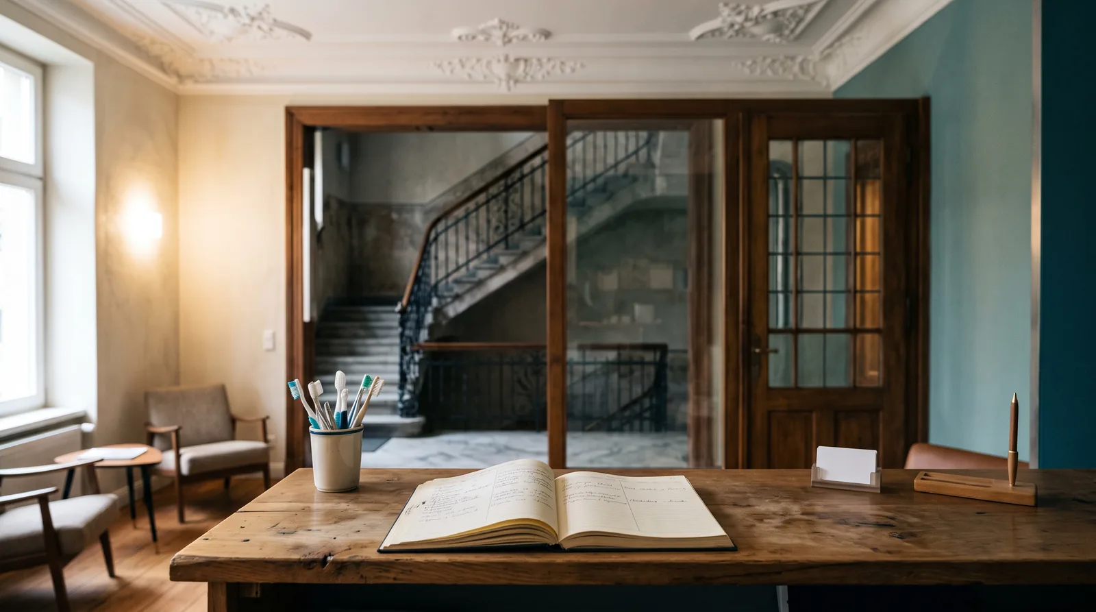 Zahnarztpraxis in Dresden: Empfangstresen in einem sanierten Altbau, hinter einer Glastür ein Hausflur mit Stuckdecke und Treppe, auf dem Tresen ein Terminbuch und ein Becher mit Zahnbürsten.