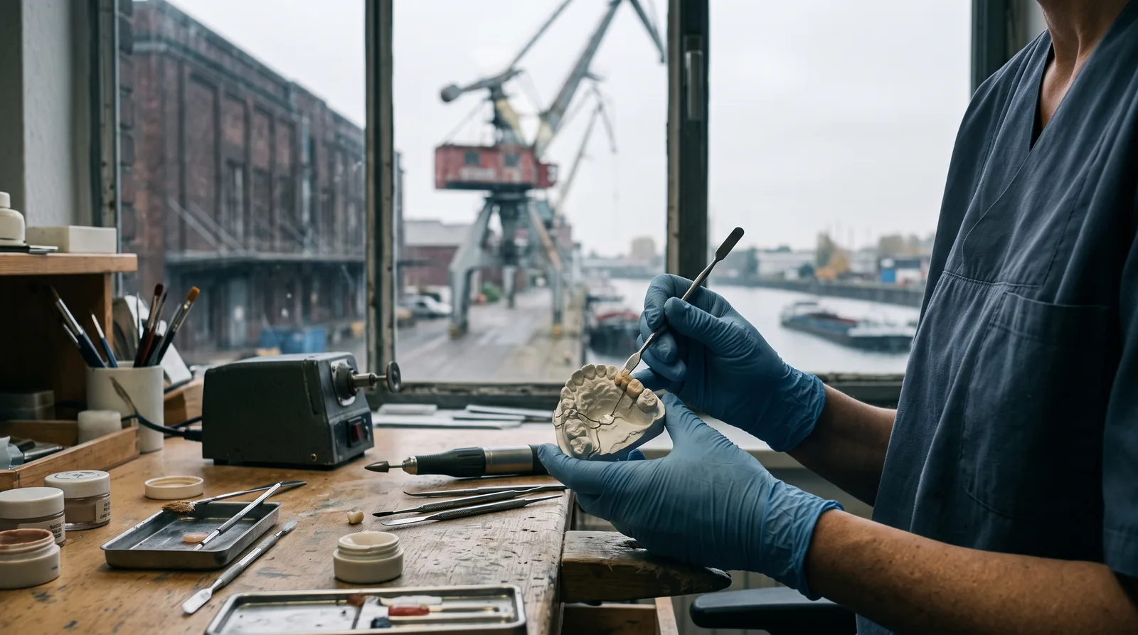 Zahnarztlabor in Duisburg: Hände einer Zahntechnikerin im Praxislabor halten ein Kunststoffmodell eines Gebisses, im Hintergrund ein Fenster mit Blick auf ein Backsteingebäude und einen Hafenkran im Oktoberlicht.