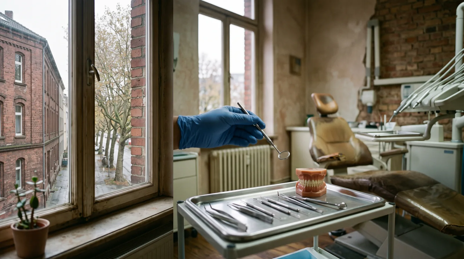 Zahnarztpraxis in Essen: Behandlungszimmer in einem Altbau, durch das hohe Fenster Backsteinfassaden und eine Baumreihe im grauen Oktoberlicht; im Vordergrund Instrumente und ein Gebissmodell.