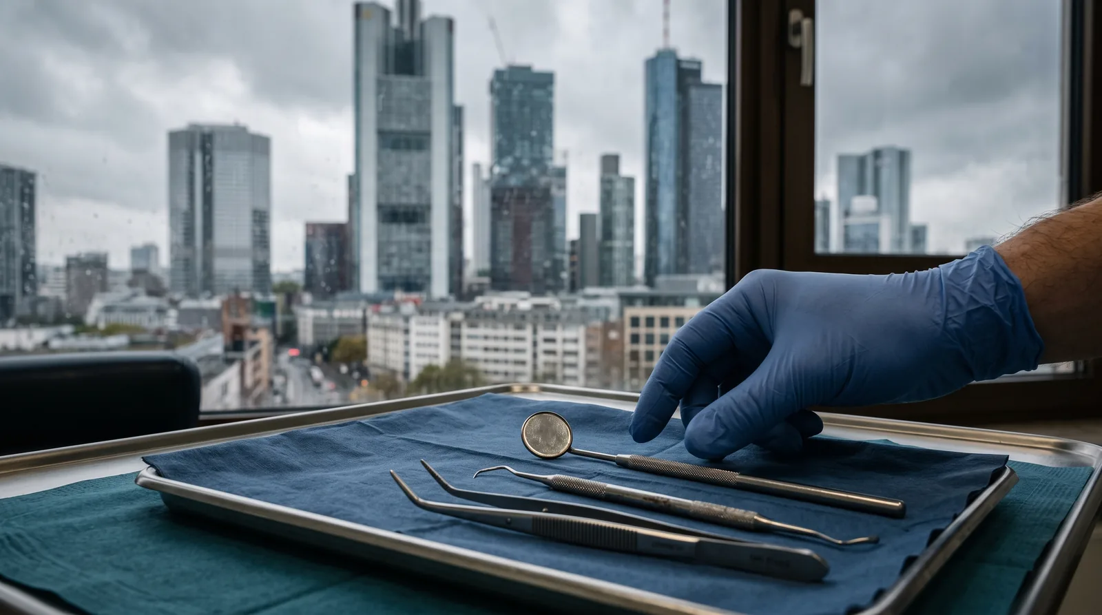 Zahnarztpraxis in Frankfurt am Main: Nahaufnahme eines Instrumententabletts mit Mundspiegel und Sonde, im unscharfen Hintergrund das Fenster mit Hochhäusern aus Glas und Stahl im Herbstlicht.
