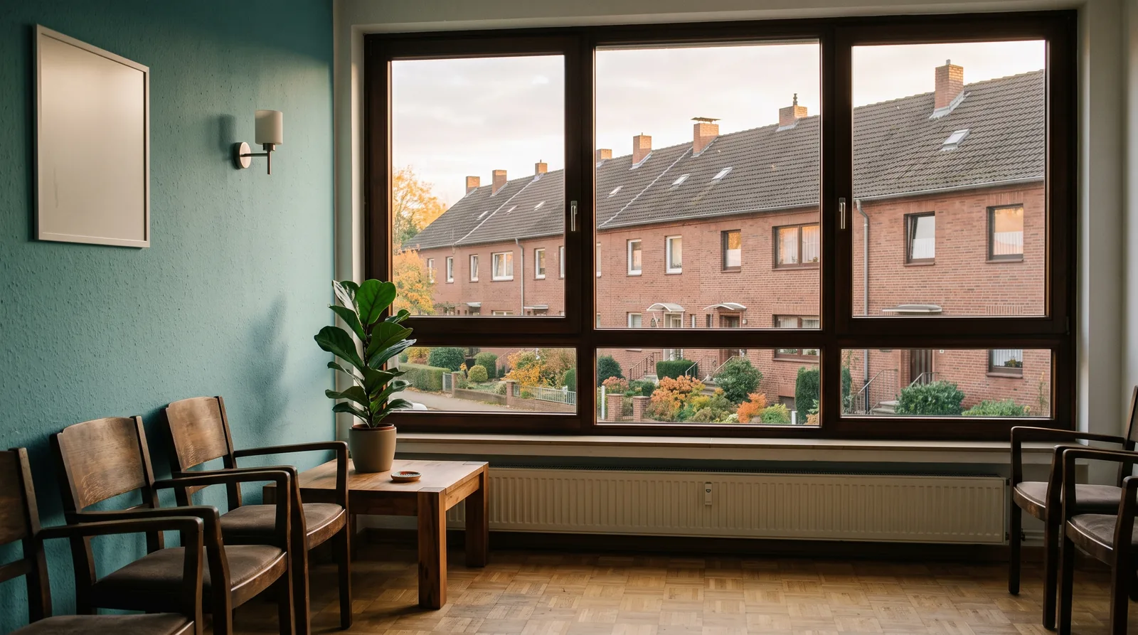 Zahnarztpraxis in Gelsenkirchen: Wartezimmer mit Stühlen und einem Tisch, durch das Fenster ein Backsteinhaus einer Arbeitersiedlung im Oktoberlicht.