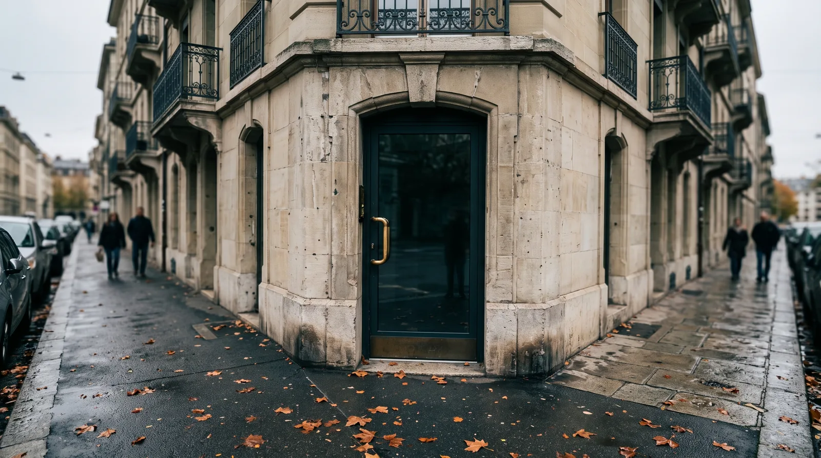 Zahnarztpraxis in Genf: Eingang in einem Genfer Steinhaus mit schmiedeeisernen Balkongittern, eine helle Glastür unter einem Steinportal, Herbstlicht, kein Schild lesbar.