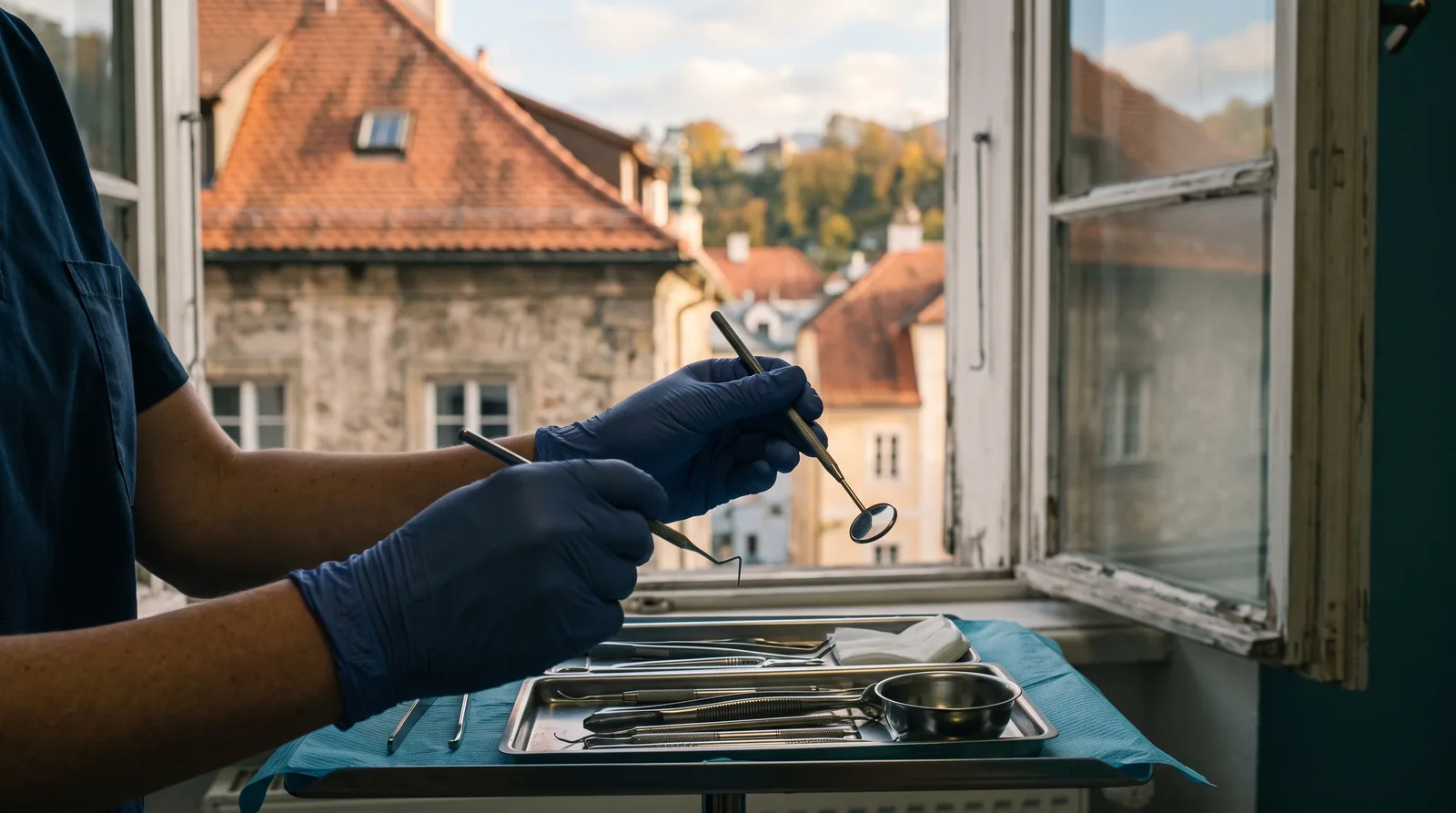 Nahaufnahme behandschuhter Hände einer Zahnärztin mit Spiegel und Sonde; durch das Fenster dahinter sieht man unscharf rote Ziegeldächer und Mauern im Herbstlicht.