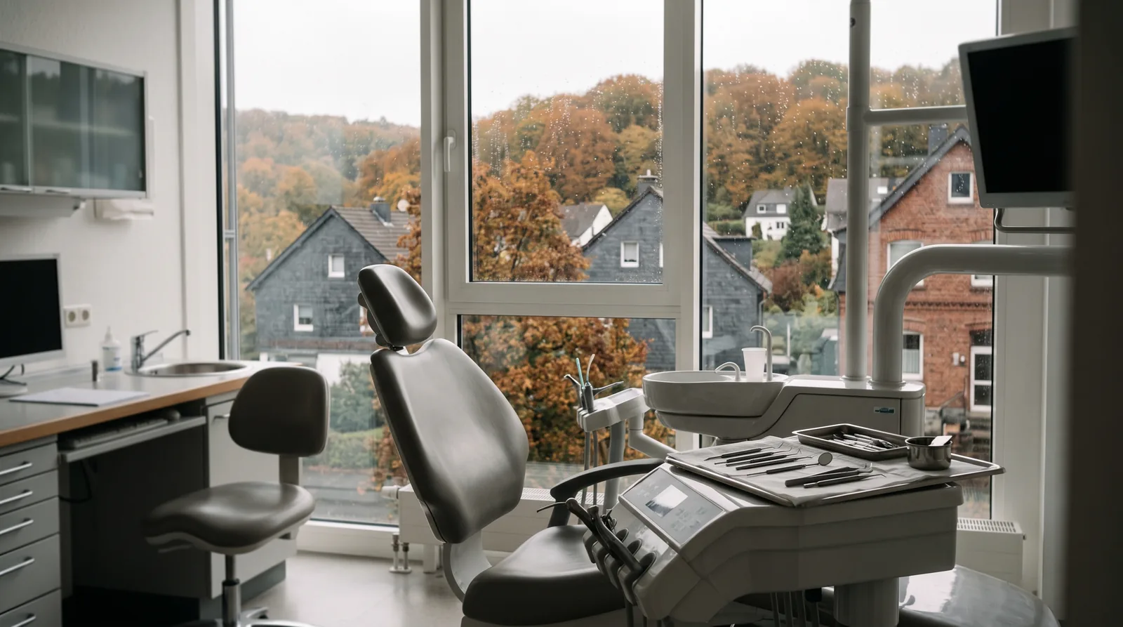 Heller Behandlungsraum einer Zahnarztpraxis im Herbstlicht, durch das Fenster sind bewaldete Hügel und Häuser mit Backstein und Schieferfassaden zu sehen.