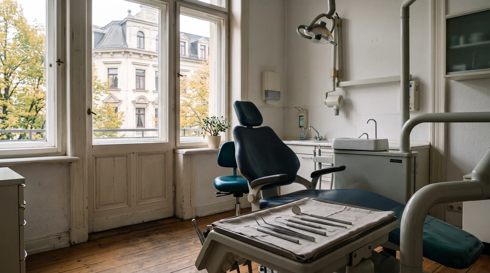 Behandlungszimmer einer Zahnarztpraxis in Halle: Blick aus dem Fenster auf verputzte Gründerzeithäuser im Oktoberlicht, auf dem Instrumententisch liegen Spiegel und Sonde.