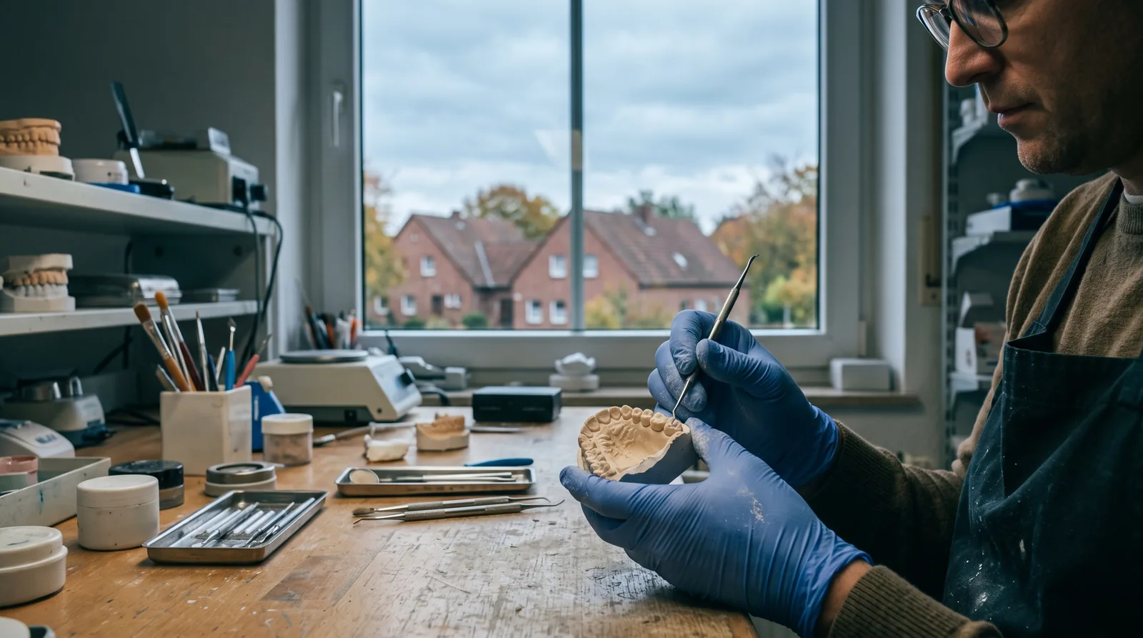 Zahntechnikerin arbeitet in einem Dentallabor an einem Gipsmodell; durch das Fenster sieht man flache Backsteinhäuser unter weitem Himmel.