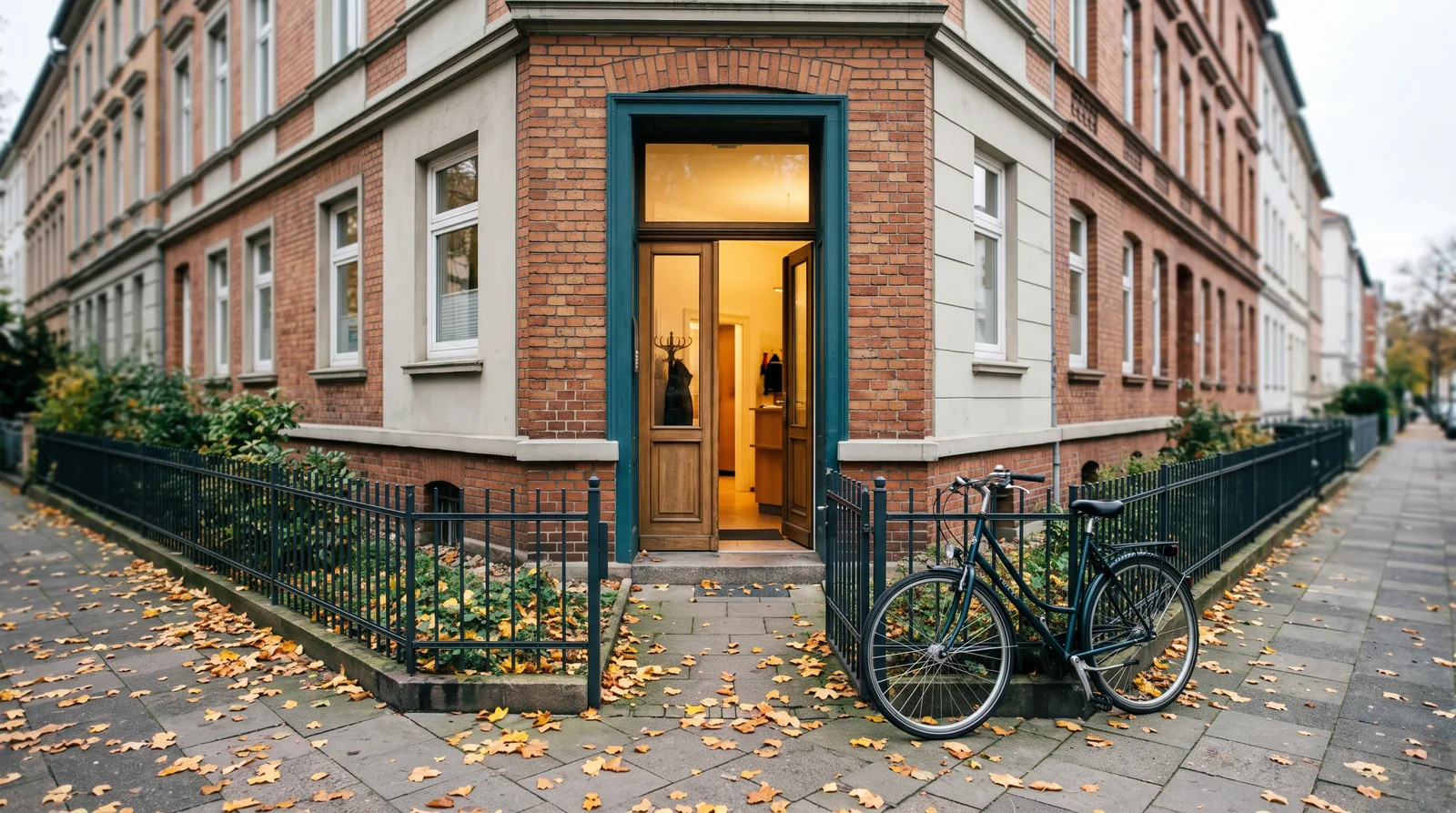 Eingang einer Zahnarztpraxis in einer Hannoveraner Strasse im Oktober: Backsteinhaus mit Stuckfassade, vor der Tür fallendes Laub, ein Fahrrad am Zaun, die Tür einen Spalt geöffnet.