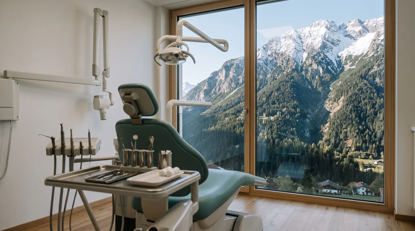 Behandlungszimmer einer Zahnarztordination in Innsbruck: durch das grosse Fenster sieht man unscharf einen steilen Berghang mit leichtem Neuschnee auf den Gipfeln; im Vordergrund Behandlungsstuhl und Instrumente.