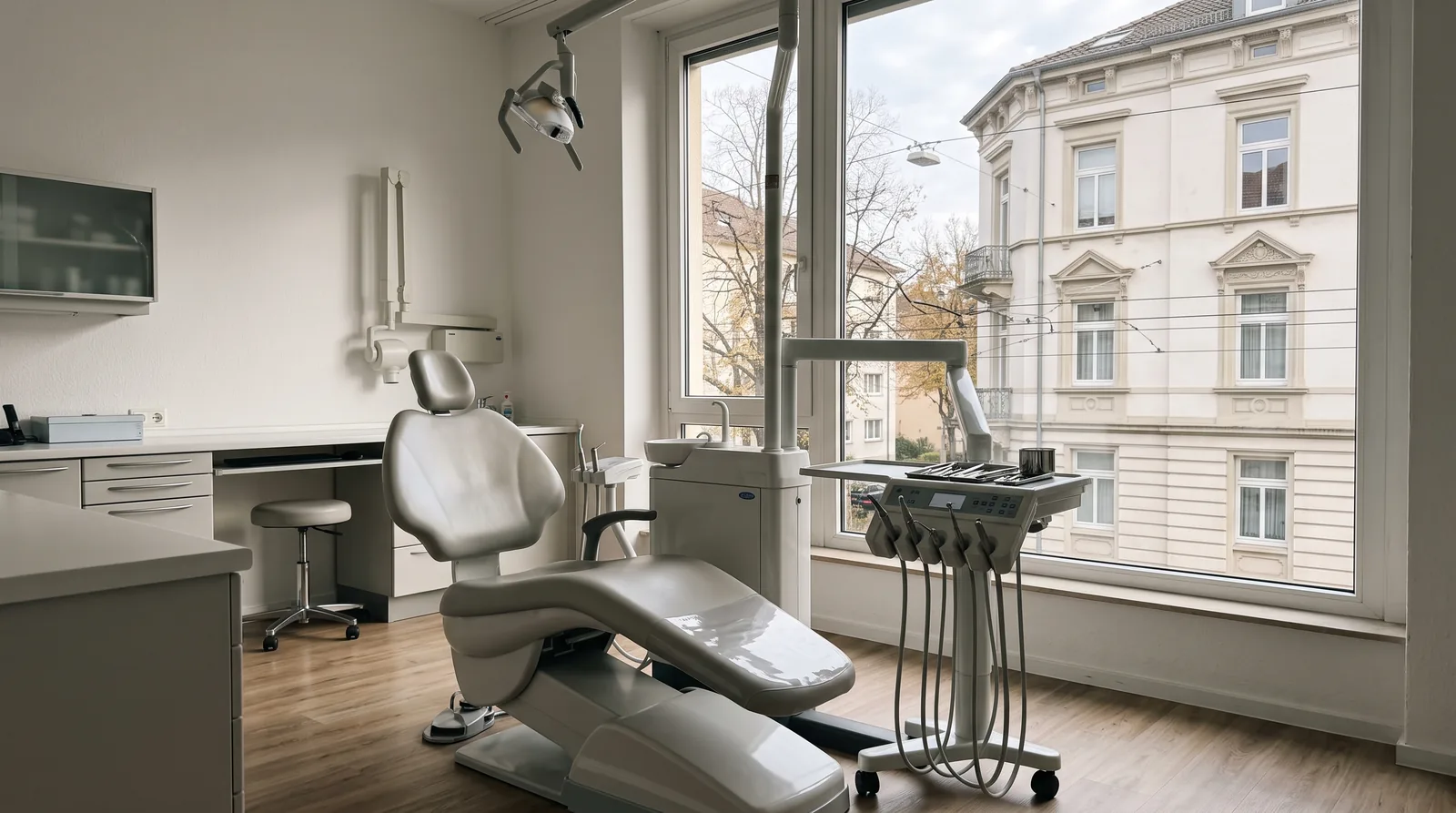 Helles Behandlungszimmer einer Zahnarztpraxis in Karlsruhe, durch das hohe Fenster eine hell verputzte Altbaufassade und Oberleitungen einer Strassenbahn im Oktoberlicht.