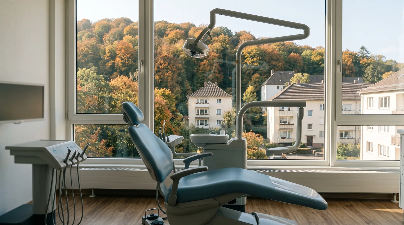 Behandlungszimmer einer Zahnarztpraxis in Kassel: breites Fenster mit Blick auf Buchen am Hang und Häuser der Nachkriegszeit im Herbstlicht, davor Behandlungsstuhl und Leuchte.