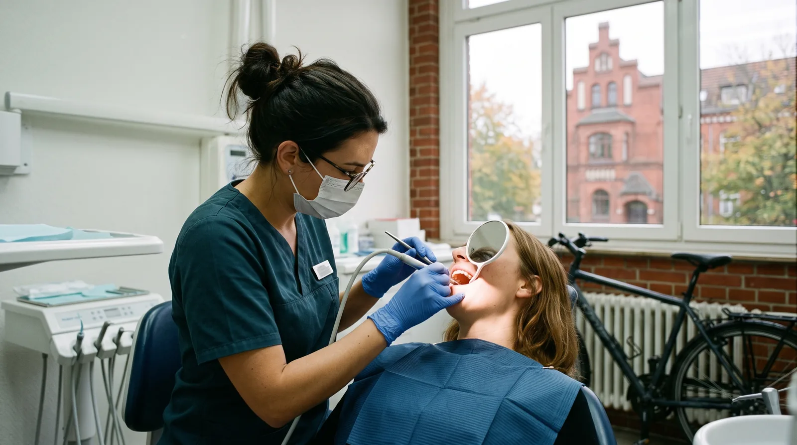 Zahnmedizinische Fachkraft bei der Prophylaxe in einer Kieler Zahnarztpraxis im Profil neben einer Patientin, durch das grosse Fenster graues, weiches Nordlicht und ein roter Backsteinbau.