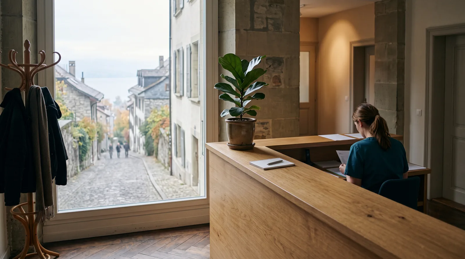 Empfangsbereich einer Zahnarztpraxis in Lausanne: ein Holztresen mit Topfpflanze, durch das Fenster sieht man eine ansteigende Strasse mit Häusern und Schieferdächern im Dunst.