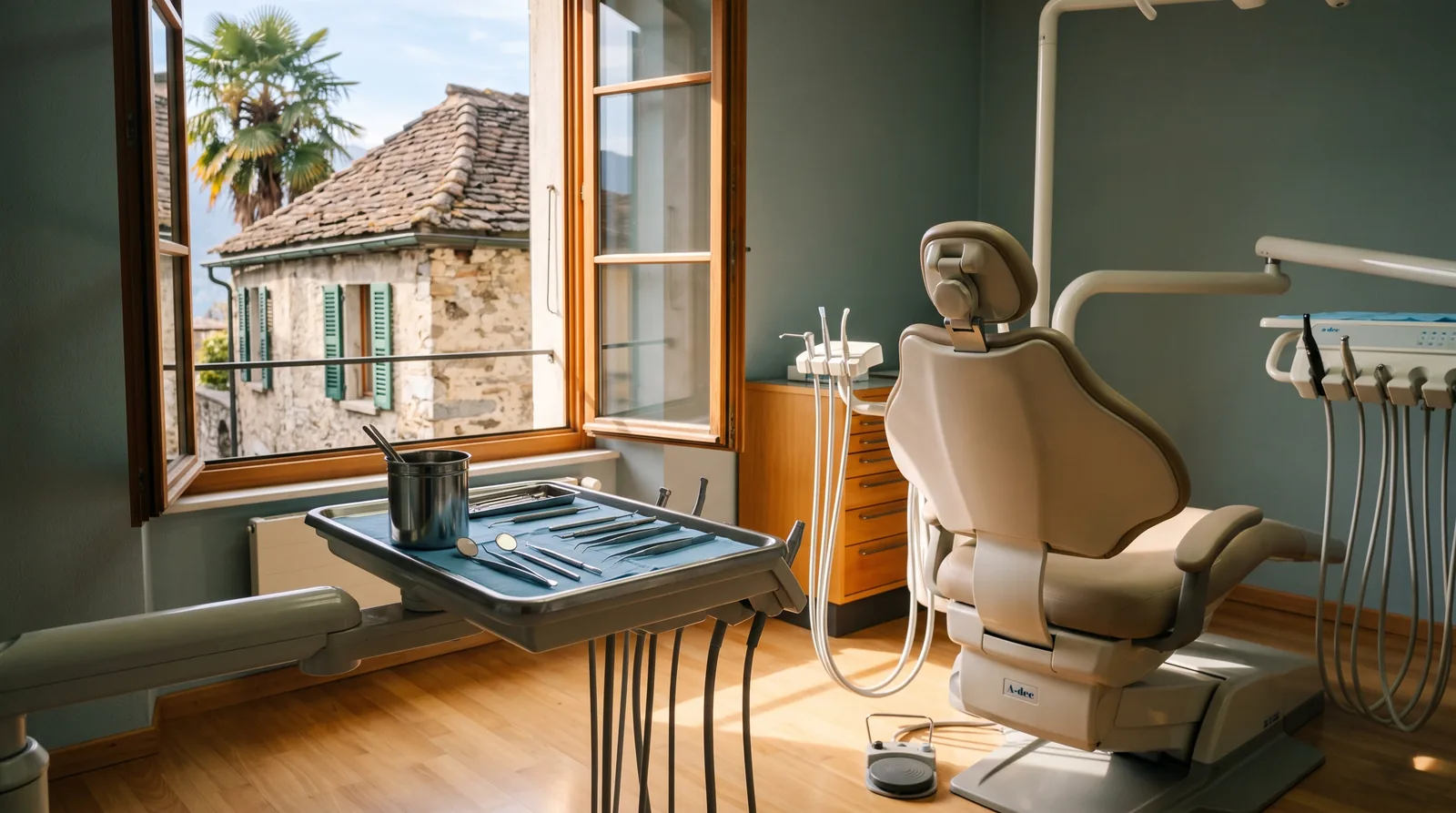 Behandlungszimmer in Lugano: Durch das offene Fenster sieht man ein Haus mit Steinmauer, Fensterläden und Terrakottadach sowie eine Palme im weichen Oktoberlicht, im Vordergrund ein Behandlungsstuhl.