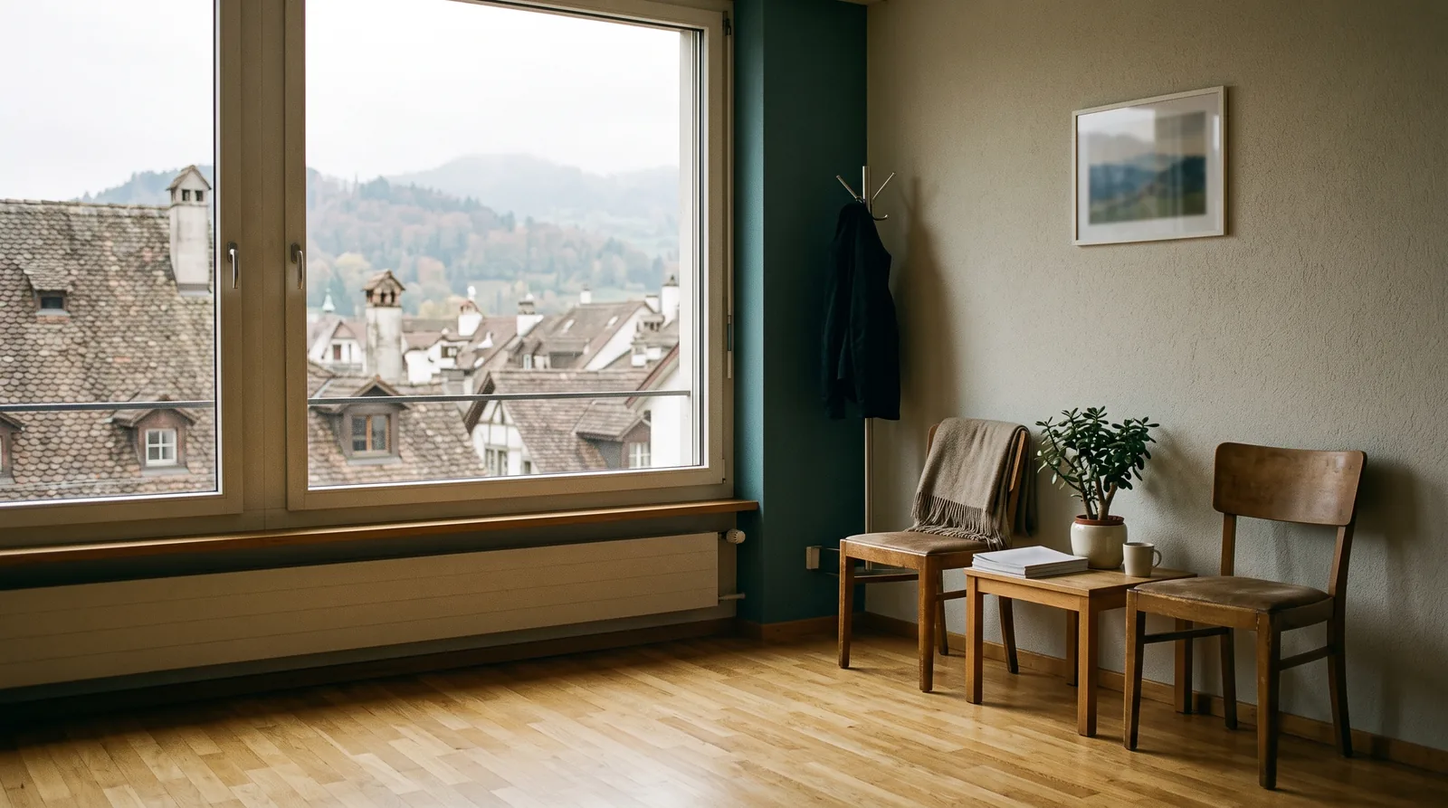 Wartezimmer einer Zahnarztpraxis in Luzern: Parkettboden, zwei Holzstühle und ein Fenster mit Blick über Dächer und Dunst, in dem sich Hügel abzeichnen.