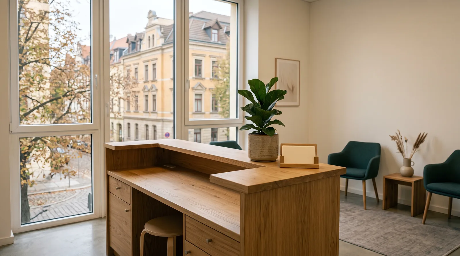 Anmeldung einer Zahnarztpraxis in Magdeburg: heller Tresen mit Pflanze, durch das hohe Fenster sind ocker verputzte Altbauten und kahle Zweige zu sehen.