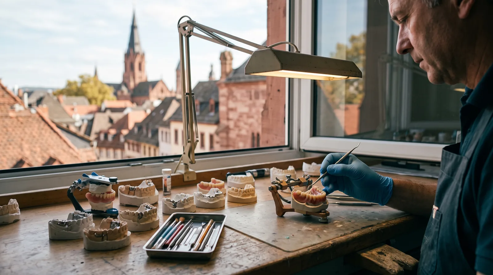 Zahntechnisches Labor in Mainz: Arbeitsplatz mit Gipsmodellen und einer Zahnprothese unter der Lampe, durch das Fenster sind Altbaudächer im Herbstlicht zu sehen.