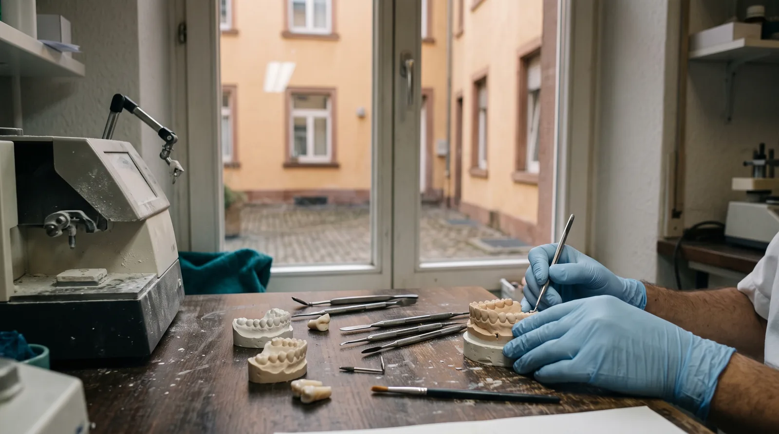 Zahnarzt in Mannheim: Blick durch die Glastür eines Dentallabors auf einen Arbeitsplatz mit Gipsmodellen und Fräsmaschine, durch das Fenster ein Innenhof mit gelben Putzfassaden und Pflasterstein.