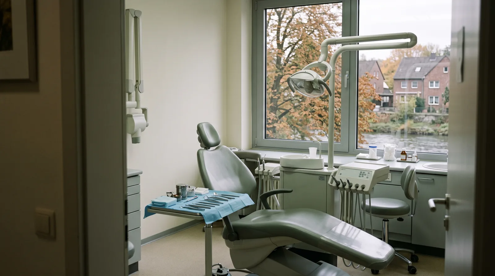 Behandlungsraum einer Zahnarztpraxis in Mülheim an der Ruhr im Herbstlicht, durch das Fenster sieht man Bäume am Ruhrufer und Backsteinhäuser.